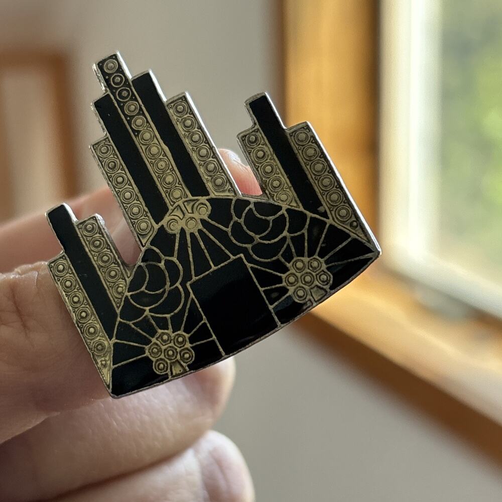 Art Deco Pierre Bex Style Brooch Pin City Skyscraper C Clasp Enamel 80s Vintage